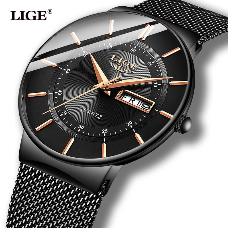 LIGE Đồng hồ thời trang nam Dây đeo bằng lưới thép không gỉ Không thấm nước Thạch anh tương tự Thể thao Ngày Đồng hồ đeo tay thường ngày