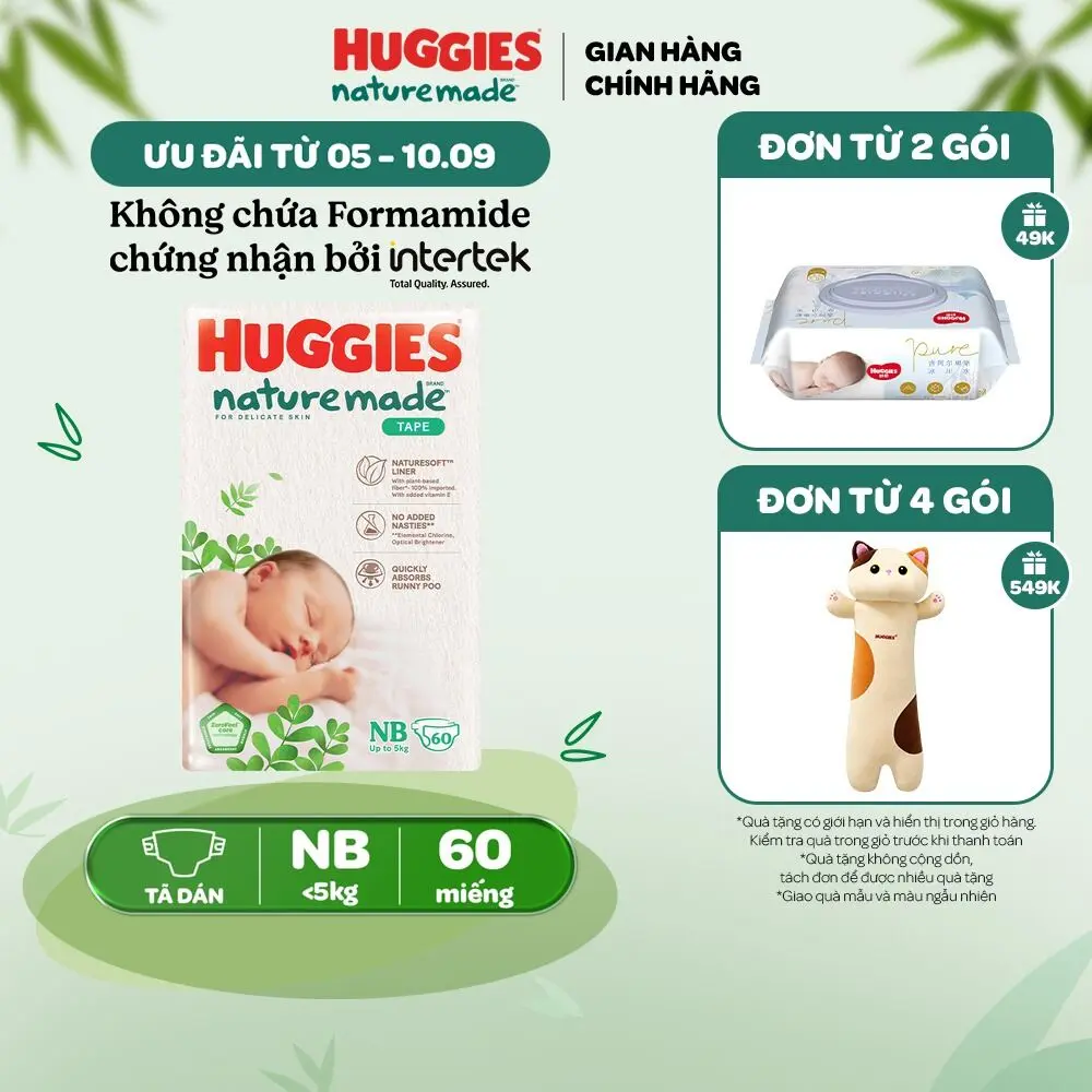 Tã/Bỉm dán sơ sinh Huggies NatureMade Size NB60/S82/M64/L54/XL44