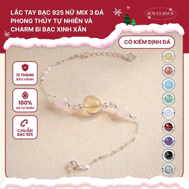 Lắc tay bạc 925 nữ JEWELRYOU mix 3 viên đá năng lượng tự nhiên công dụng theo yêu cầu - Jew12