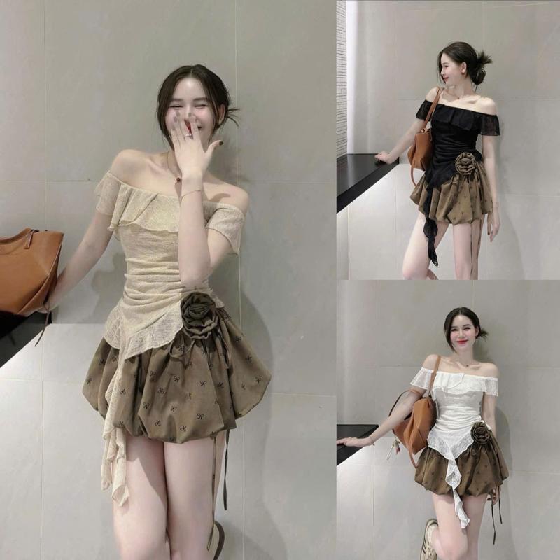 Set đồ nữ áo trễ vai bánh bèo mix chân váy bí kèm tag hoa xinh xắn với 3 tone màu cho Nàng lựa chọn