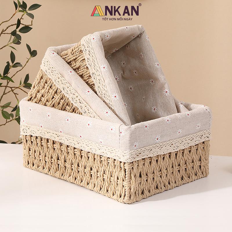 Giỏ Đựng Đồ Rổ Cói Thương Hiệu ANKAN Đựng Mỹ Phẩm Đựng Đồ Ăn Vặt Để Bàn Decor Chụp Ảnh Sản Phẩm Lót Vải Vintage Phong cách Hàn Quốc Đặt Ở Bàn Kệ Phòng Ngủ
