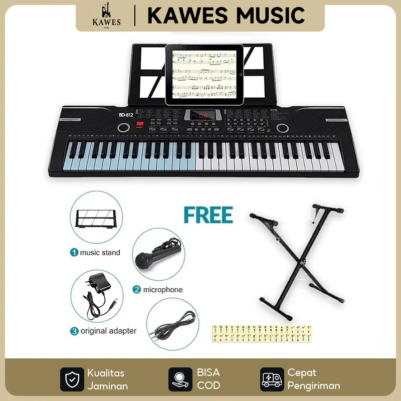 KAWES Music Piano Elektrik 61 Kunci dengan Mikrofon & LCD Digital untuk Pemula Portabel & Multifungsi
