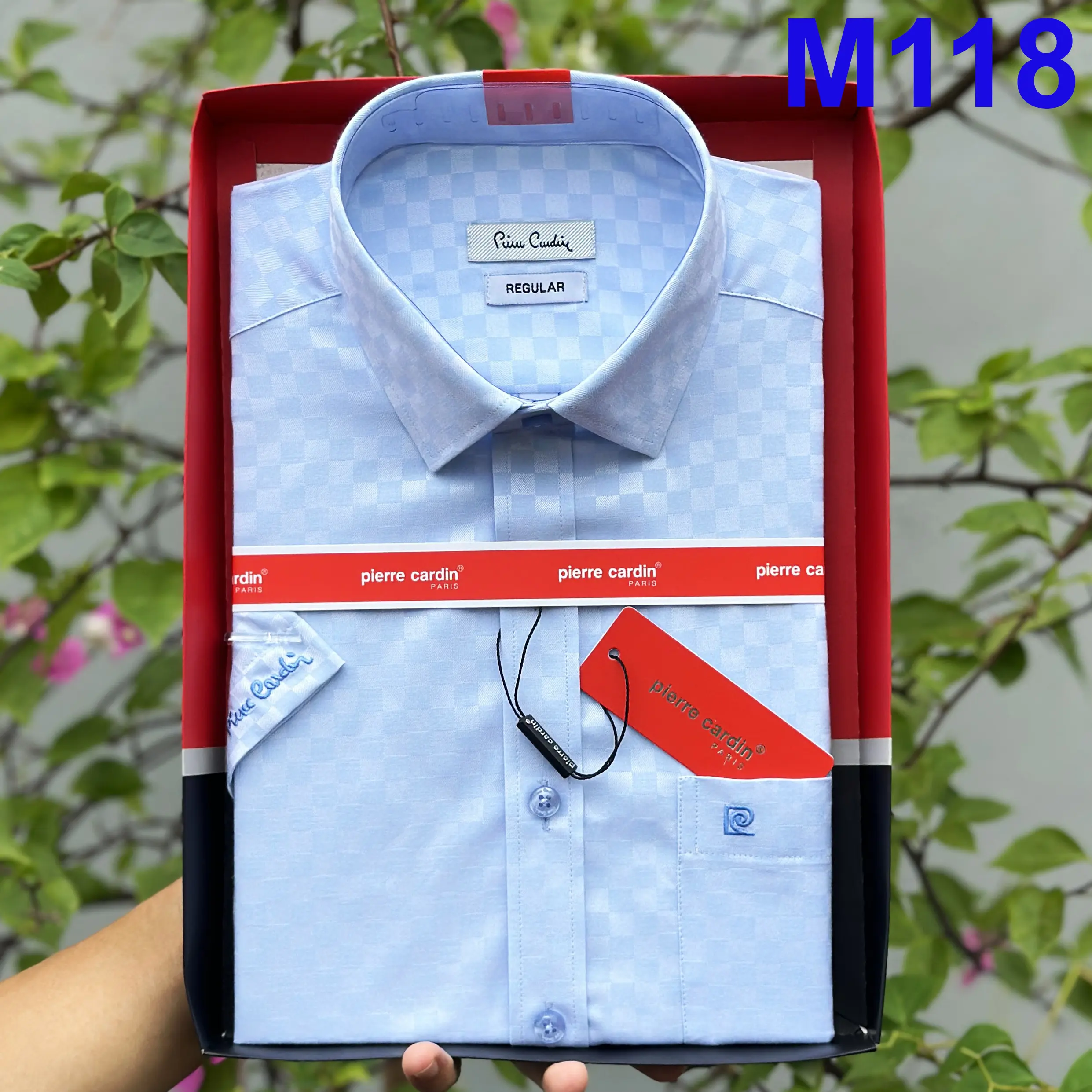 Áo Sơ Mi Nam Pierre-Cardin Ngắn Tay Kẻ Caro Vạt Ngang Form Regualar Xuất Dư Hàn 2023