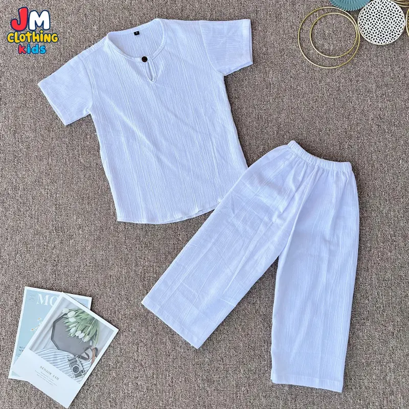 JM Kids - Setelan Baju Muslim Anak Laki Laki / Setelan Koko Lengan Pendek Celana Panjang Usia 1-8 Tahun / Setelan Baju Anak Laki Laki Model Kancing Buttonwood 0