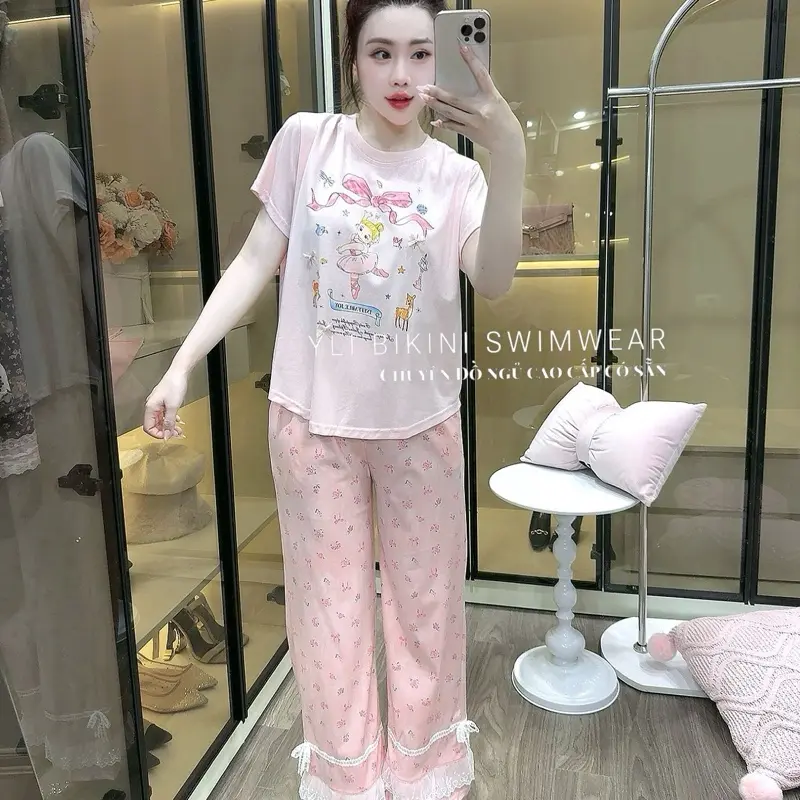 [ YLI BIKINI SWIMWEAR ] Bộ cotton cộc dài em bé múa hồng Gillaimar