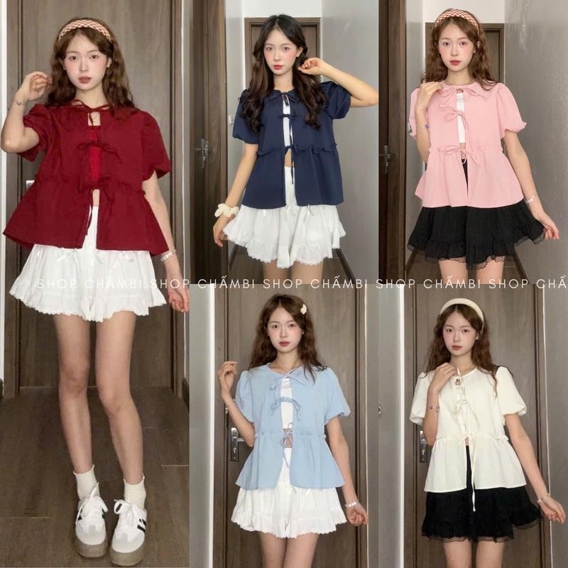  Set áo nữ đi chơi A.719 Set áo babydoll cổ tròn tay bồng dáng lửng phối 3 nơ buộc kèm áo 2 dây dễ thương-Shop Chấm Bi 