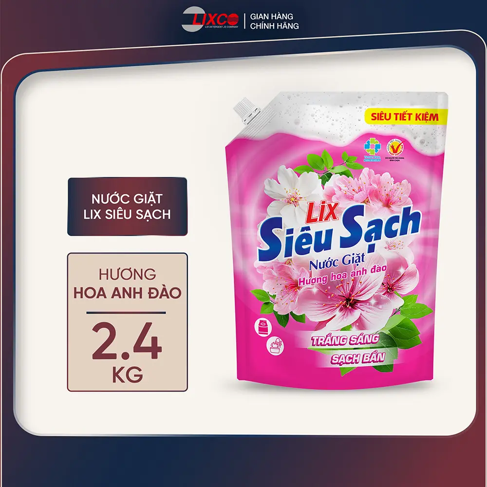 Nước giặt Lix Siêu sạch hương hoa anh đào túi 2.4Kg N2503 làm sạch cực nhanh vết bẩn, lưu hương dài lâu