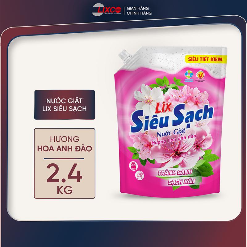  Nước giặt Lix Siêu sạch hương hoa anh đào túi 2.4Kg N2503 làm sạch cực nhanh vết bẩn lưu hương dài lâu 