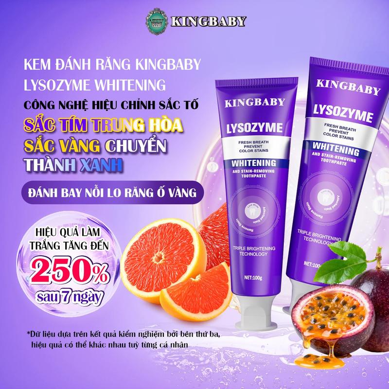 Kem Đánh Răng KINGBABY Lysozyme Hương Bưởi Mix Chanh Dây, Trắng Sáng Răng, Giảm Ố Vàng, Khử Hôi Miệng, Thơm Mát Hơi Thở 12H, Giảm Ê Buốt, Chăm Sóc Nướu, 100g