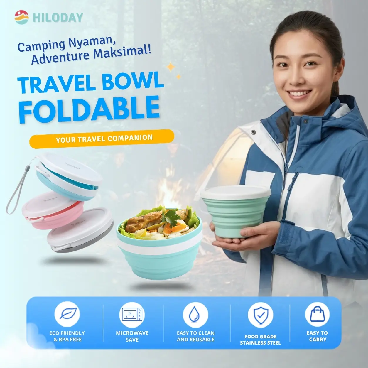 HILODAY Mangkuk Lipat Travel Camp Silicone Tahan Panas Foldable Bowl