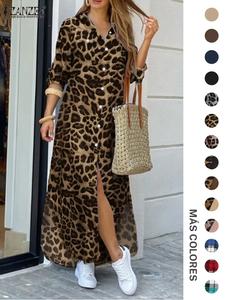 Vestido camisero con bolsillo con solapa frontal y botones con estampado de leopardo para mujer, vestido largo con cuello de manga larga con dobladillo curvo informal para uso diario, ropa de mujer para todas las estaciones