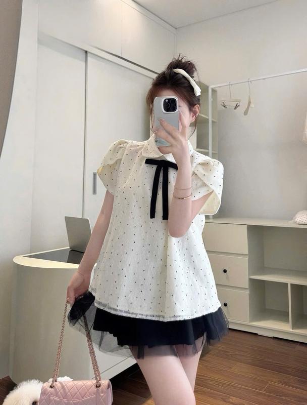 BIGSIZE HIẾU HIẾU 55-95KG - Set thời trang nữ Áo chấm bi cổ sen đính nơ đen + Chân váy voan lưới xoè S671