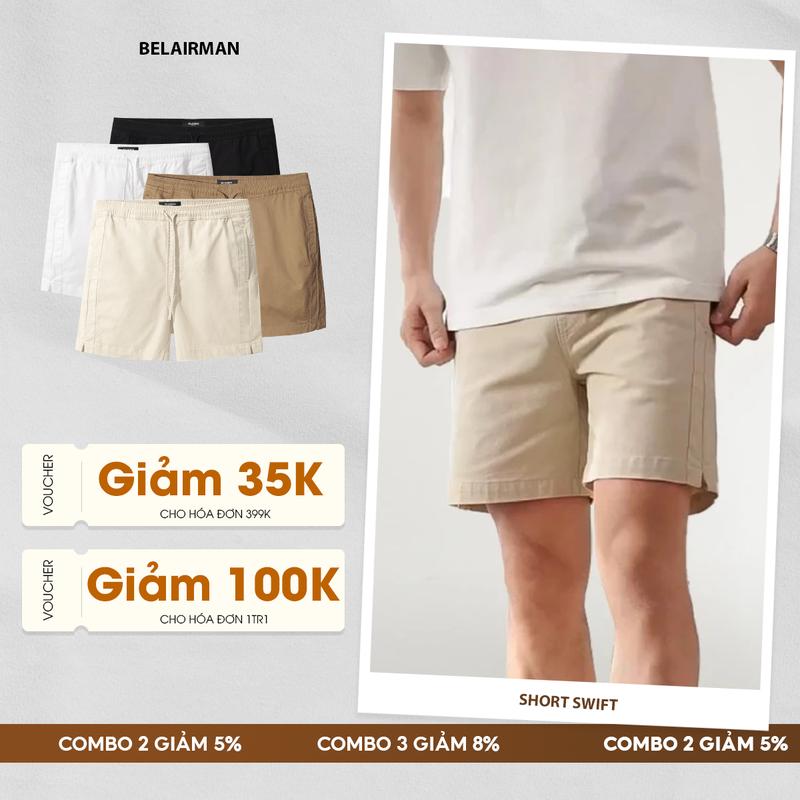 Quần short kaki nam SWIFT BELAIRMAN dây rút vải kaki co giãn - QSKS0113 Menswear Có Túi 