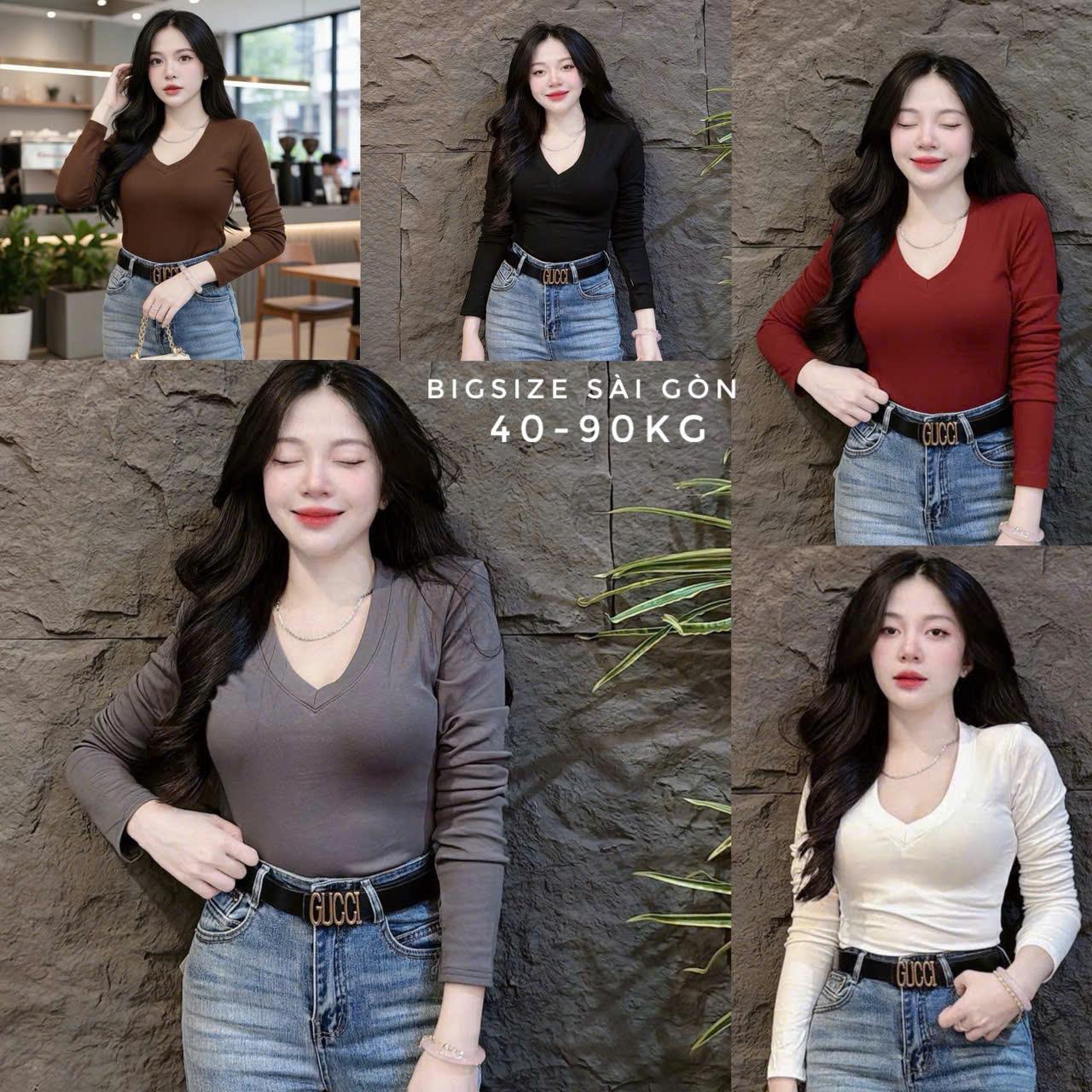 Áo Thun Tay Dài Thu Đông Phối Cổ Tim Vải Thun RuBy Dày Dặn Thanh Lịch Cho Nàng 40-90Kg Dễ Thương Nữ Women Top Nhung - B.1738