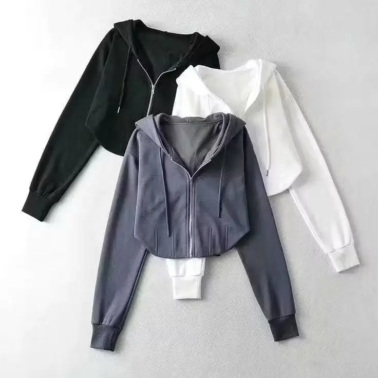 Jaket Wanita Hoodie Crop Vina Sweater Crop Fleece - Hitam - Atasan Zipper