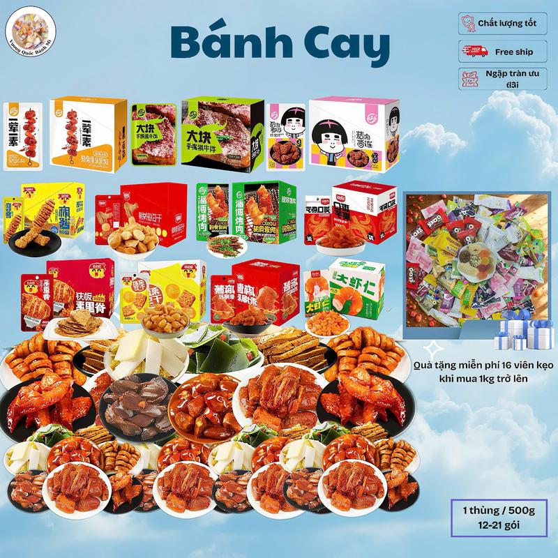 Bánh ăn vặt mix đủ loại 1 hộp 20 gói.Tôm chay Konjac,Khoai nưa Konjac giòn,Lòng bò chay sốt mè,Thịt chay hạt dẻ,Thịt que chay sốt mè,Thăn heo cay.Nhiều loại hương vị hỗn hợp,Một hộp 20 gói.