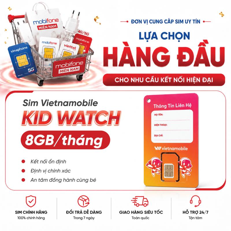 Sim Vietnamobile Trọn Gói 12 Tháng, 8GB/Tháng, Dùng Cho Đồng Hồ Định Vị Trẻ Em