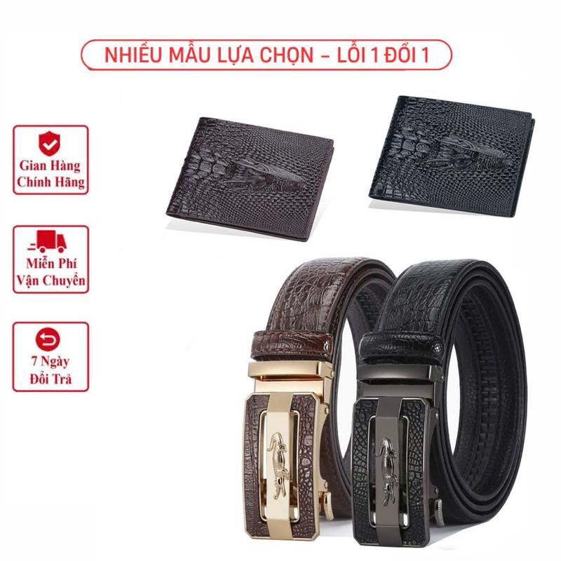 ( Tặng Ví Cá Sấu ) Thắt Lưng Nam Da  Hai Lớp Vân Cá Sấu Cao Cấp Khóa Tự Động Ko Gỉ, Dây Nịt có thể cắt