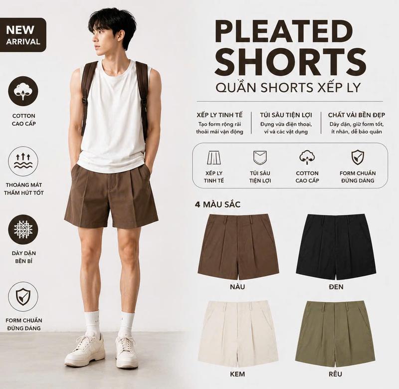LIMEN - Quần Short Kaki Xếp Ly VER2 4 Màu Basic Đơn Giản
