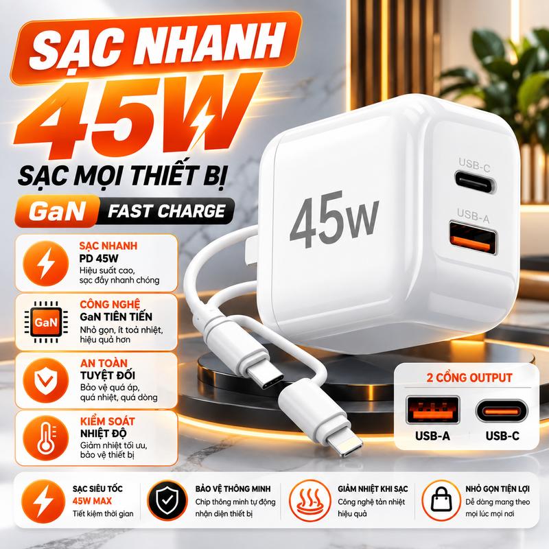 Bộ Sạc Siêu Nhanh 45W , Cáp Đa Năng 4in-1 , Hỗ Trợ Sạc Nhanh Khi Chơi Game , Không Nóng Máy , Bảo Hành 24 Tháng