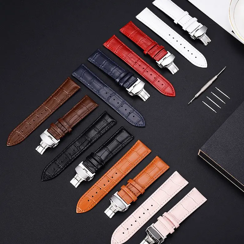 Bamboo patterned cowhide leather watch strap with butterfly buckle, soft leather belt, crocodile patterned business calf leather wrist strap