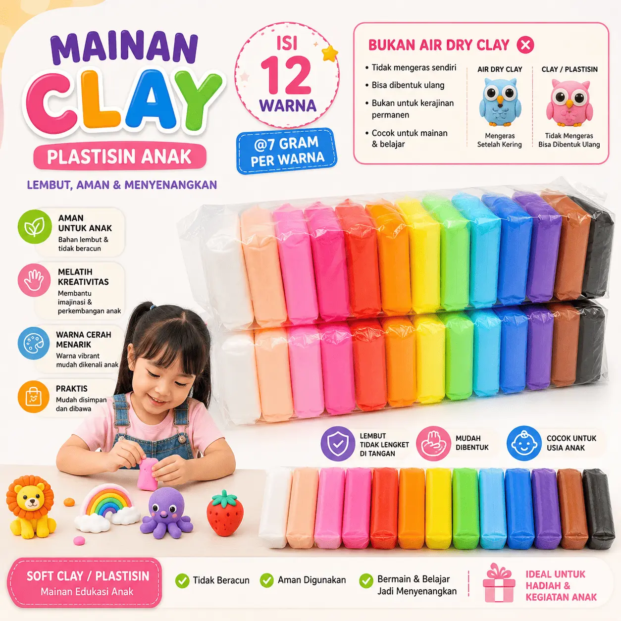 Mainan Lilin Clay Warna Warni 12pcs – Edukasi Anak & Kerajinan Tangan