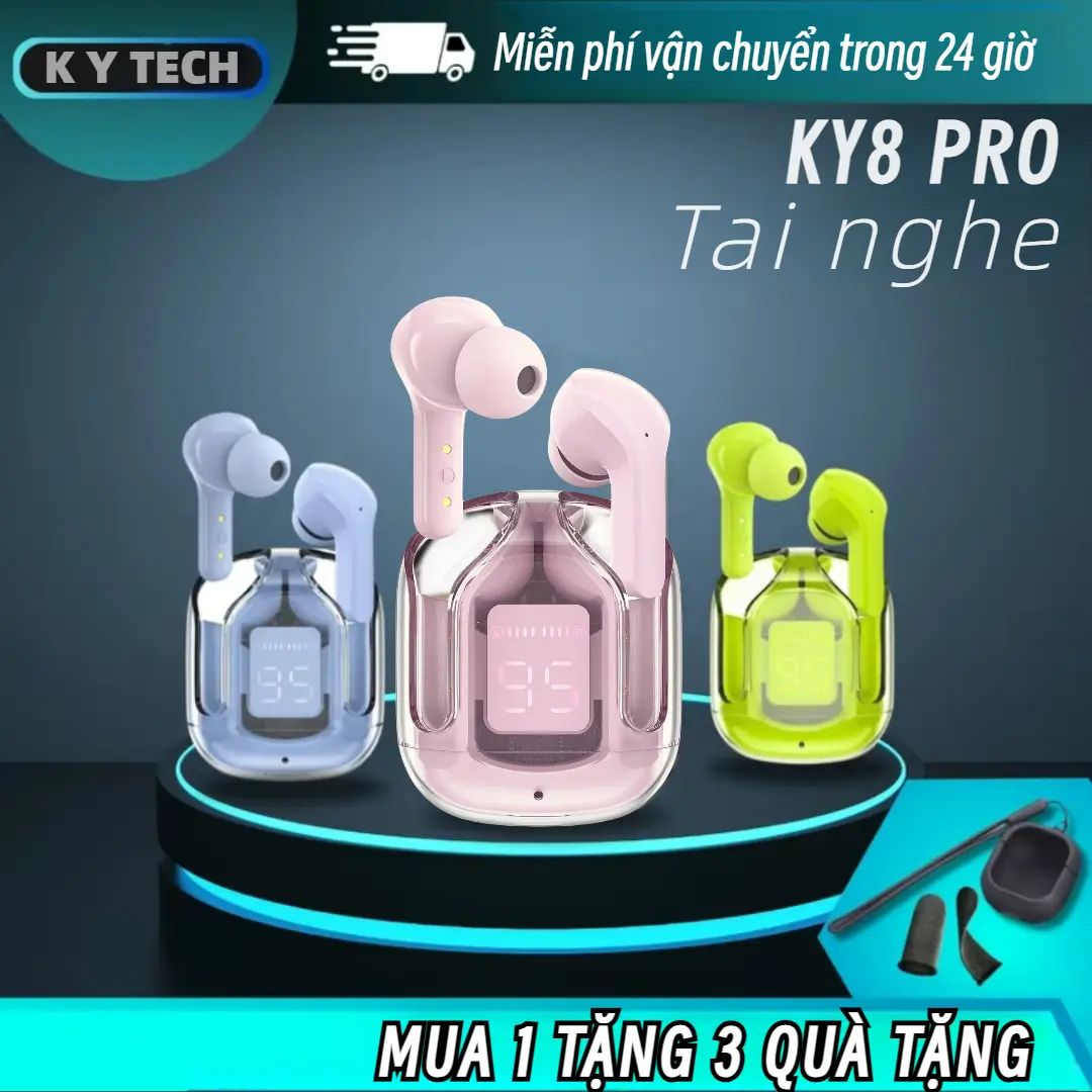 Tai nghe KY8 PRO [3 Quà tặng] 1 Vỏ silicon+1 Dây buộc+1 Bao tay chơi game, Thân trong suốt, Âm  thanh nổi không dây thực sự với màn hình kỹ thuật số, Micrô tích hợp
