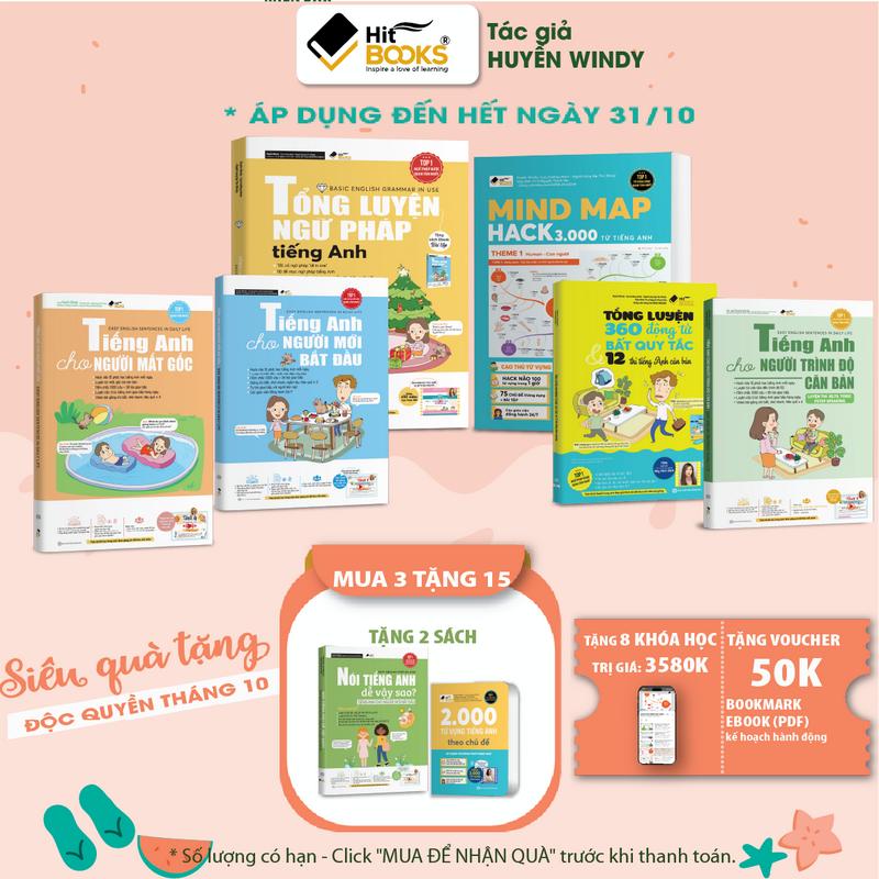 Combo 6 cuốn sách tự học tiếng anh cho người mất gốc Hitbooks, học ngữ pháp đến giao tiếp kèm khoá học cô giảng dạy, tặng kèm cuốn Nói tiếng anh dễ vậy sao, TA căn bản