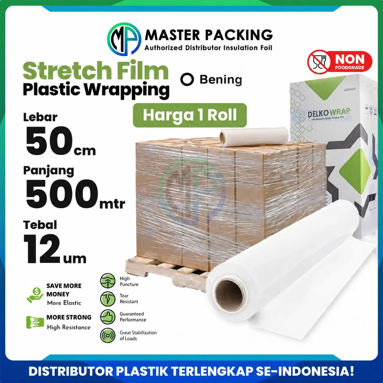 Stretch Film Plastik Wrapping Wrap Bening 50cm x 500m x 10um Delkowrap