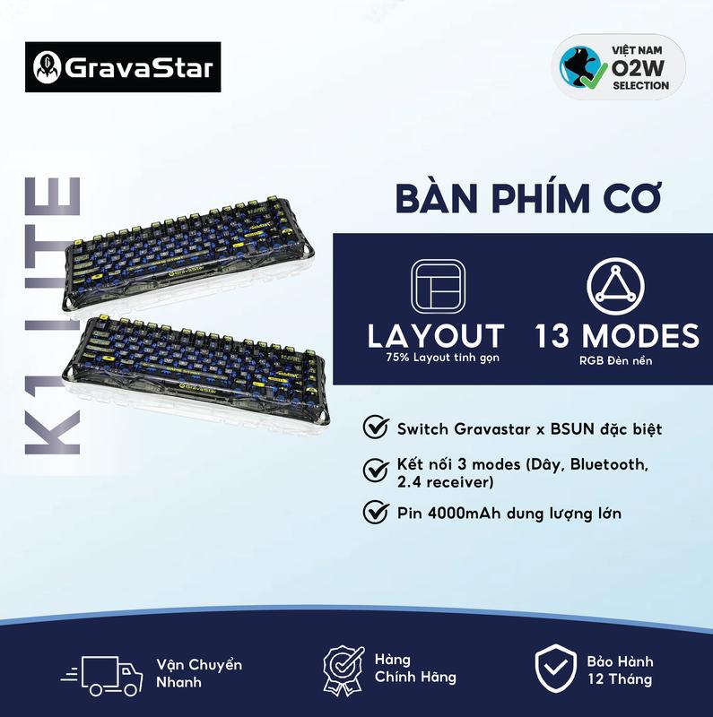 [ SIÊU SALE ] Bàn phím cơ Gravastar K1 Lite, Layout 75%, Có Hotswap, 3 chế độ kết nối, Type-C, dùng chơi game, văn phòng - Chính hãng bảo hành 6 tháng