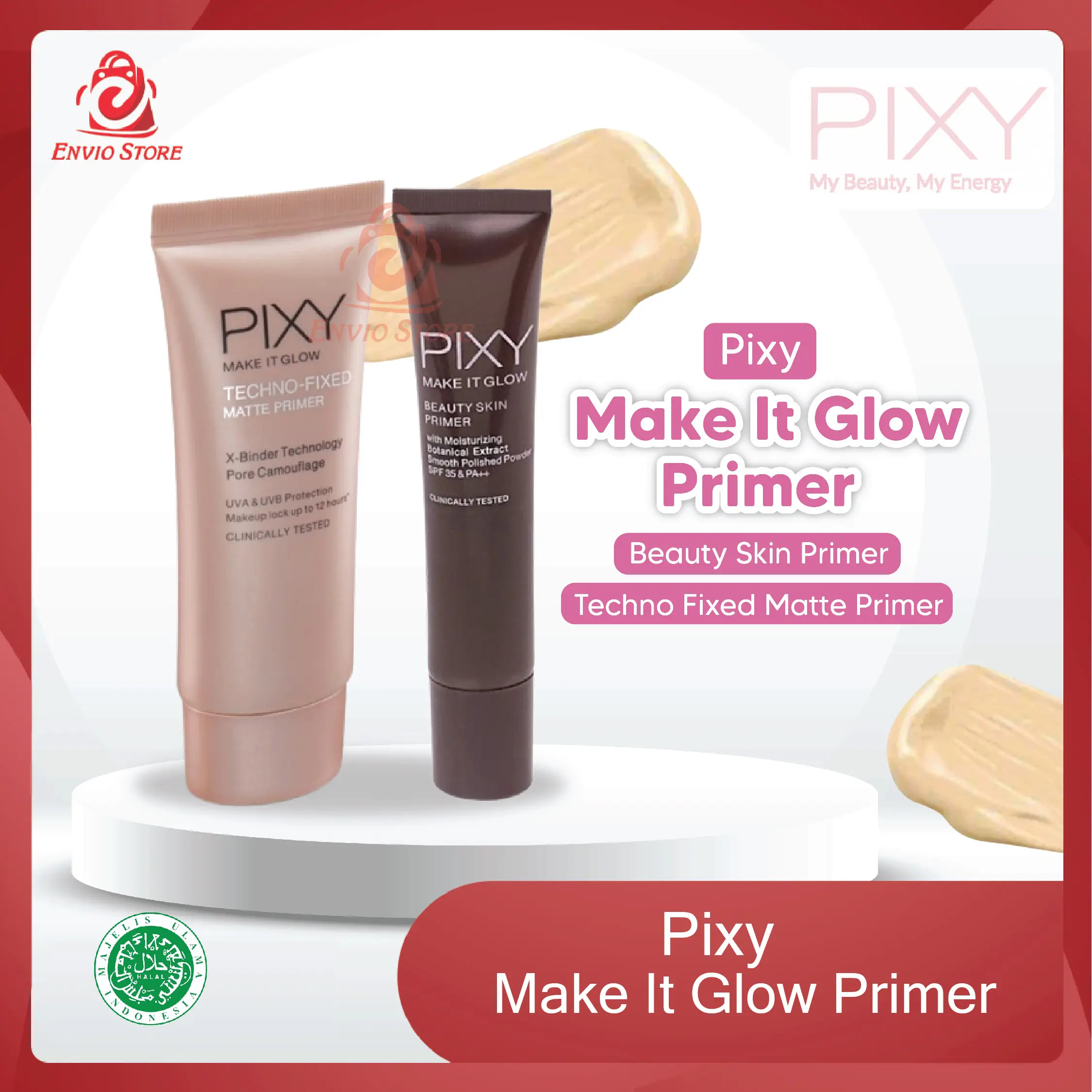 ENVIO - PIXY Make It Glow Primer - Beauty Skin Primer 101 Beige & Techno Fixed Matte Primer 101 Fair Beige