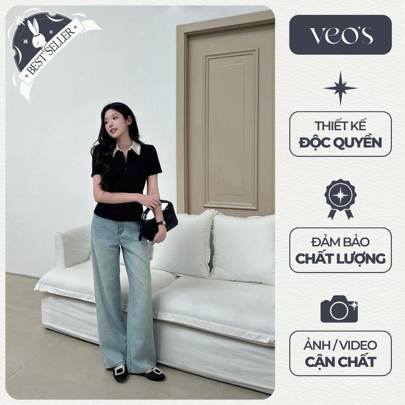 VEO'S STARRY JEANS - Quần Jeans Form Suông Cạp Cao Thiết Kế Nữ Đính Nơ Đá Lấp Lánh Màu Xanh Thanh Lịch Tiểu Thư