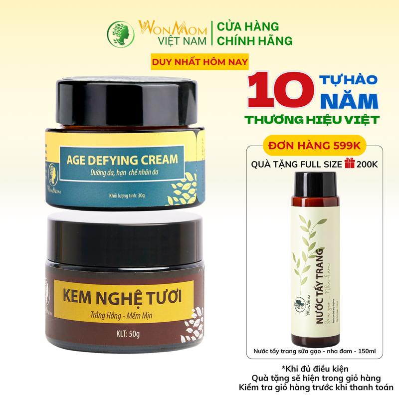 Kem dưỡng ngày đêm Wonmom, dưỡng sáng da, mờ thâm nám, chống lão hóa tăng sinh collagen age defying cream 30g & kem nghệ tươi 50g