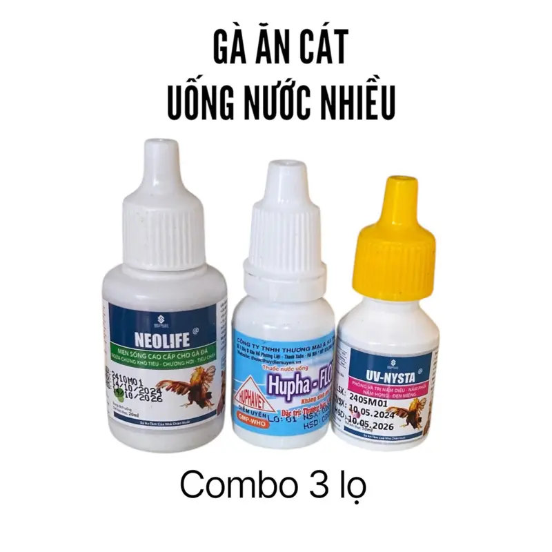 Combo 3 chai hỗ trợ đường ruột cho gà ăn cát uống nước nhiều (gồm 1 lọ Neolife 20ml, 1 lọ Floral 10ml và 1 lọ uv nysta 10ml)