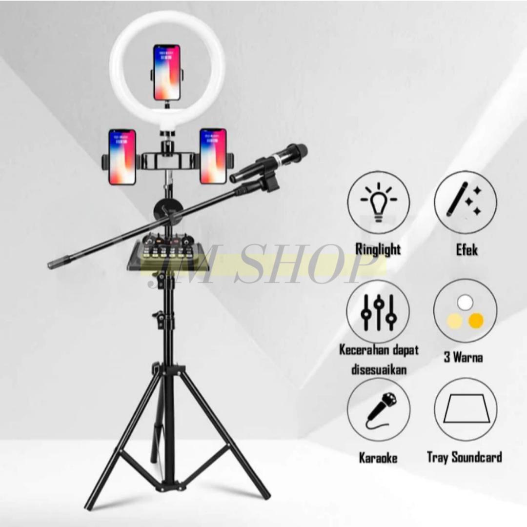 PAKET TRIPOD LIVE STREAMING KARAOKE STAND AUDIO HOLDER 2HP 3 HP RING LIGHT HOLDER PANJANG STAND RINGLIHT CAMERA LED MICROPHONE MIC TRAY SOUNDCARD /