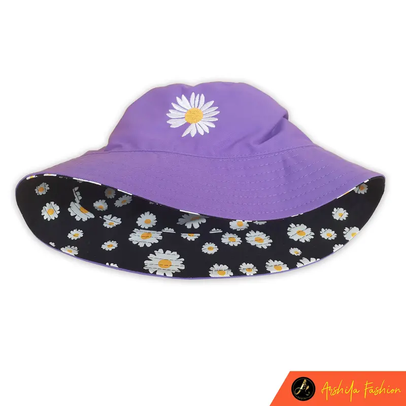 Topi Bucket Dua Sisi Anti Uv Motif Bordir dan Sablon Bunga Daisy Bahan Drilll / Daisy 002 anak dewasa 2