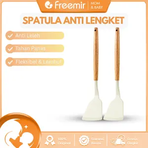 [MPASI Bayi] freemir Set Spatula 2 Pcs Silicone Gagang Kayu Tahan Panas 230°C Anti Leleh Anti Gores Wajan Food Grade Lebih Sehat dan Awet Kitchenware Dapur Premium Beige Estetik