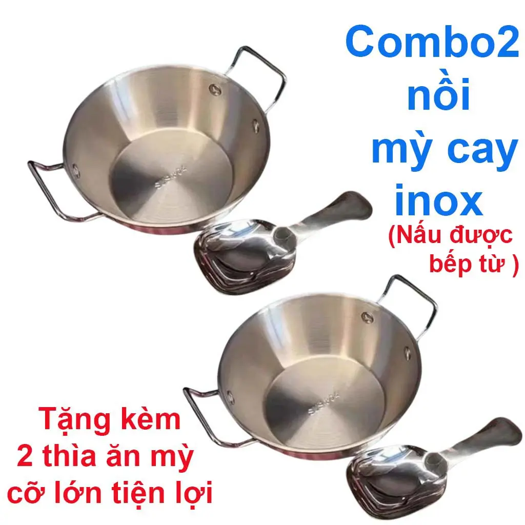 (TẶNG KÈM 2 THÌA) Combo 2 Nồi Mì 17cm Nấu Được Bếp Từ, Bếp Hồng Ngoại, Bếp Gas, Nồi Trộn Cơm,Ngũ Cốc, Nồi Nấu Ăn Mini Inox Phong Cách Hàn Quốc
