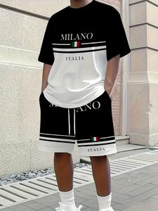 メンズ カジュアルスポーツウェア上下セット、3DロゴプリントクルーネックTシャツ＆ドローストリングショーツ、アウトドア対応おしゃれセットアップ