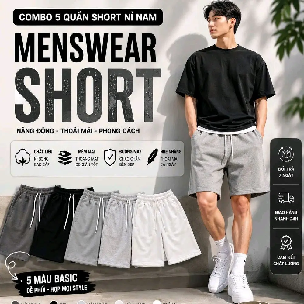 combo 5 quần short nỉ rẻ nhất tiktok Menswear Nam đen s thường Kem