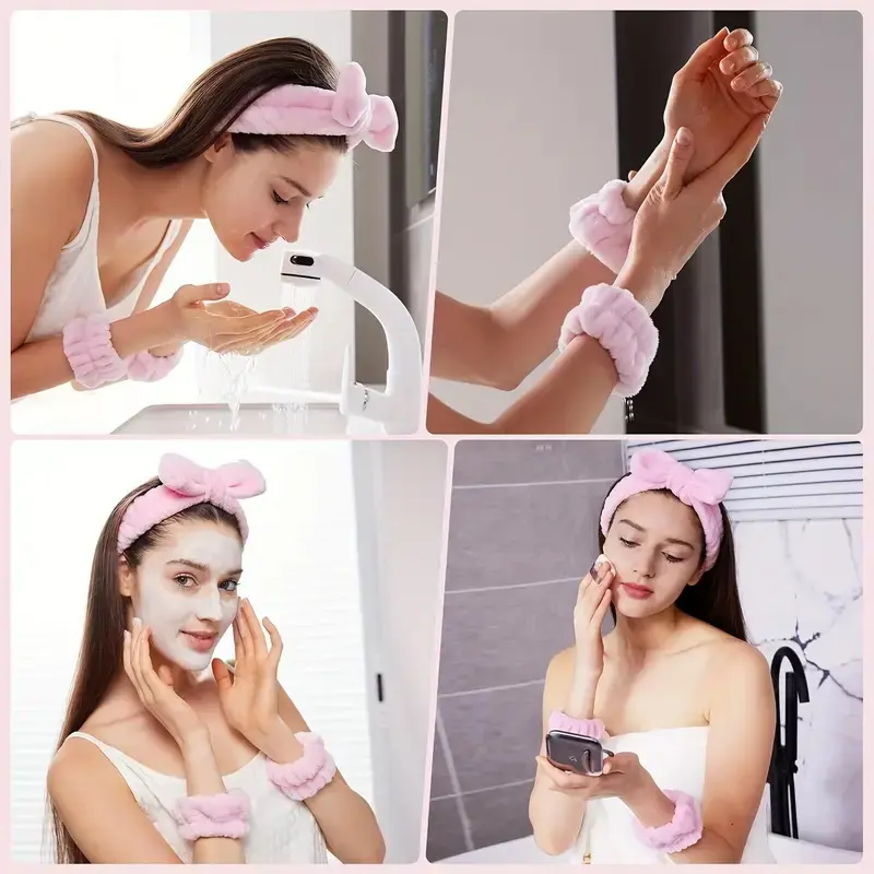 Bộ cổ tay băng đô nơ，dây đeo cổ tay và băng đô cài tóc siêu thấm, phụ kiện tóc thời trang để rửa mặt và trang điểm 1