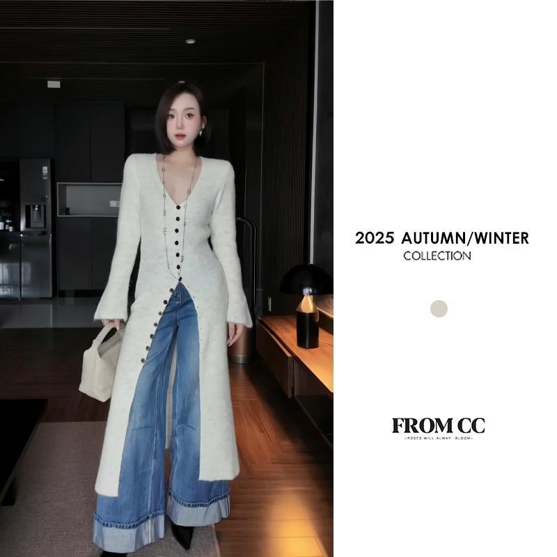【FROM CC Áo Cardigan Dệt Kim Cổ Chữ V Cổ Điển Kiểu Pháp Áo Len Dài Mỏng Dành Cho Nữ Hàng Mới Về Năm 2025 Thích Hợp Cho Mùa Thu