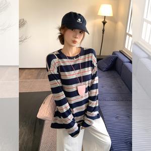 Women's Striped Colorblock Round Neck Long Sleeve T-Shirt, Korean Style Early Autumn Casual Loose Fit Inner Layer Top Womenswear Lingerie Streetwear Crewneck