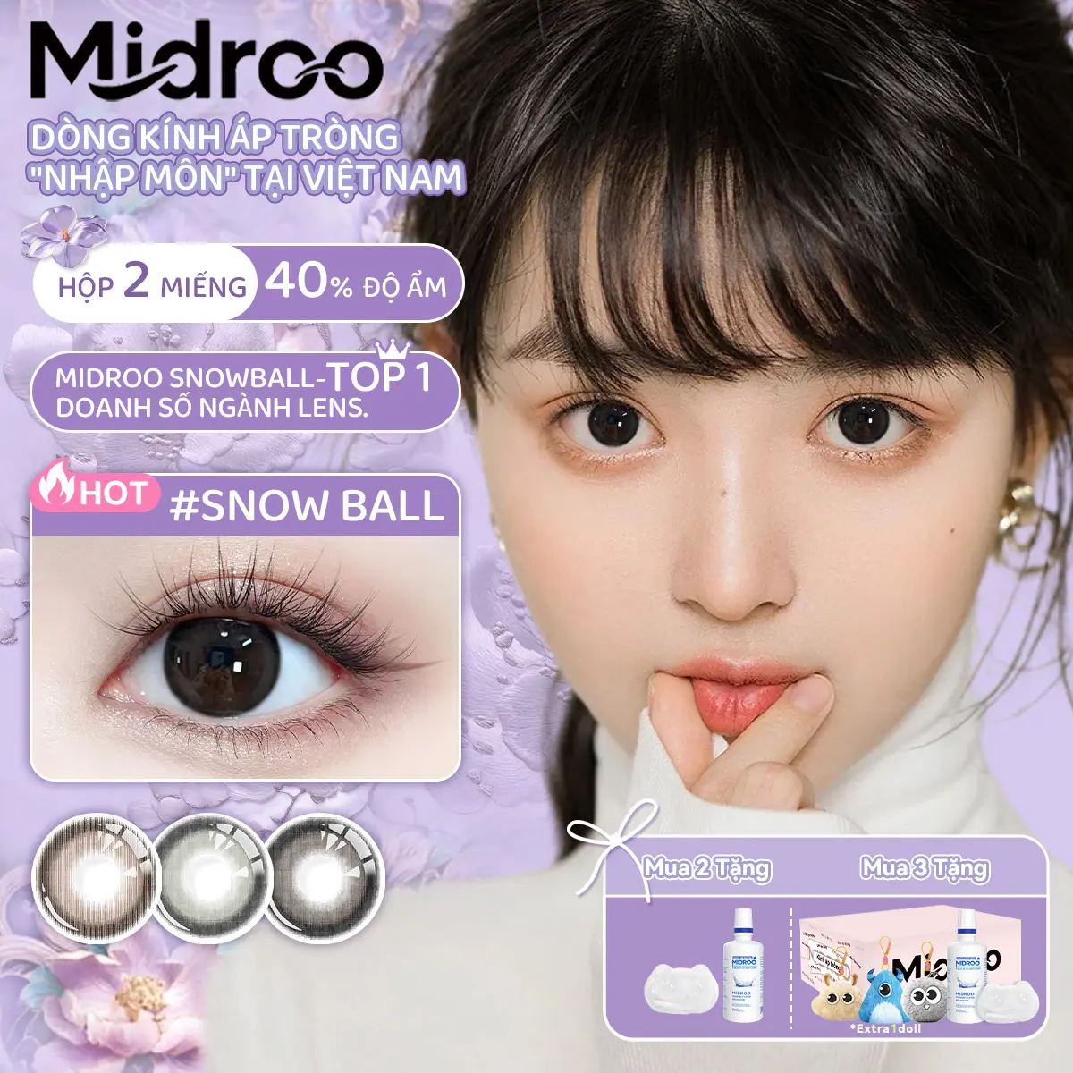 【6 tháng】 Midroo Lens Cận 0-6 độ Snow Ball 14,5mm kính áp tròng Độ ngậm nước 40% Đeo êm tuyệt đối, trải nghiệm mượt mà.Làm to mắt,Thích hợp để mặc đến trường, đi làm hoặc đi hẹn hò.