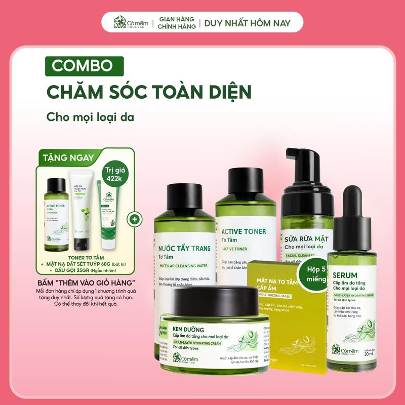 Bộ Chăm Sóc Da Chuyên Sâu Tơ Tằm 6 Sản Phẩm Tẩy Trang Sữa Rửa Mặt Toner Serum Kem Dưỡng Mặt nạ Dưỡng Ẩm Dịu Da Cỏ Mềm 800g