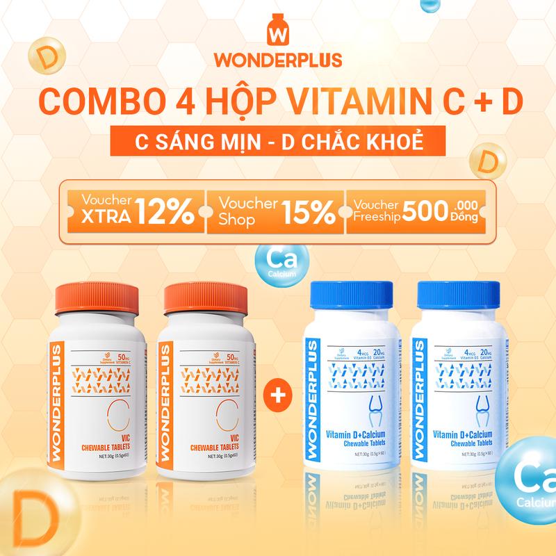 [COMBO 4 hộp vitamin C+D Canxi] Viên Nhai Bổ Sung Vitamin Wonderplus (60 viên/hộp) - Giúp Làn Da Rạng Rỡ - Tăng Cường Đề Kháng - Hỗ Trợ Tăng Chiều Cao - Giúp Xương Chăc Khỏe 0
