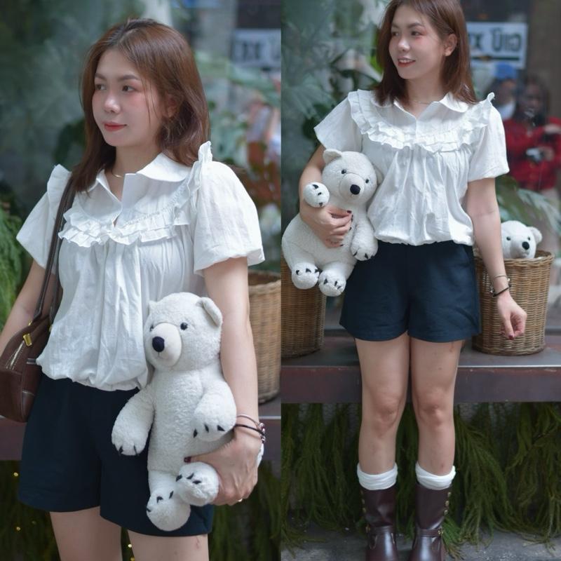 MỞ BÁN BST TẾT Áo kiểu nữ cổ trụ phối bèo tay ngắn bo chun dáng babydoll rộng bigsize 90kg - Mia Bigsize