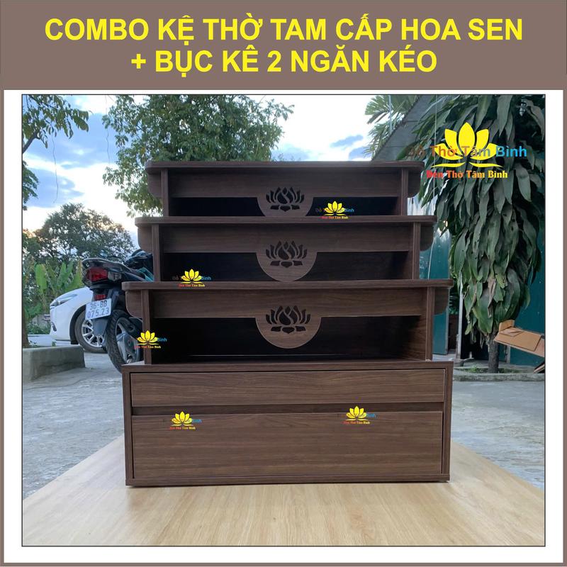 COMBO Kệ Thờ Tam Cấp Hoa Sen Màu Vân Gỗ Óc Chó + Bục Kê Hộc Kéo 2 Tầng Thờ Phật Decor Góc Tu Tập Chất Liệu Gỗ Công Nghiệp MDF