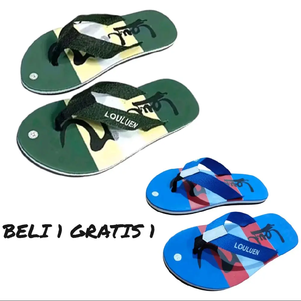 promo beli 1 gratis 1 sandal jepit distro pria dewasa motif luuluin Sendal Kasual Hitam