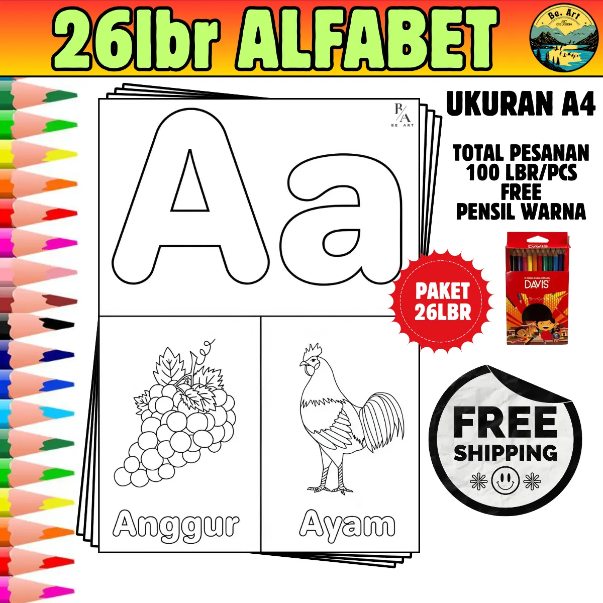 Kertas Gambar Mewarnai Anak A4/A5 (Alfabet 26 Lembar) - Cocok untuk Anak-Anak dari Segala Umur - Kotak, Belajar Perempuan Toys Mainan kreatif
